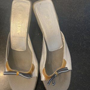 Prada Peep Toe Mules Silver with Blue Bow and Blue 2" heel Size 8